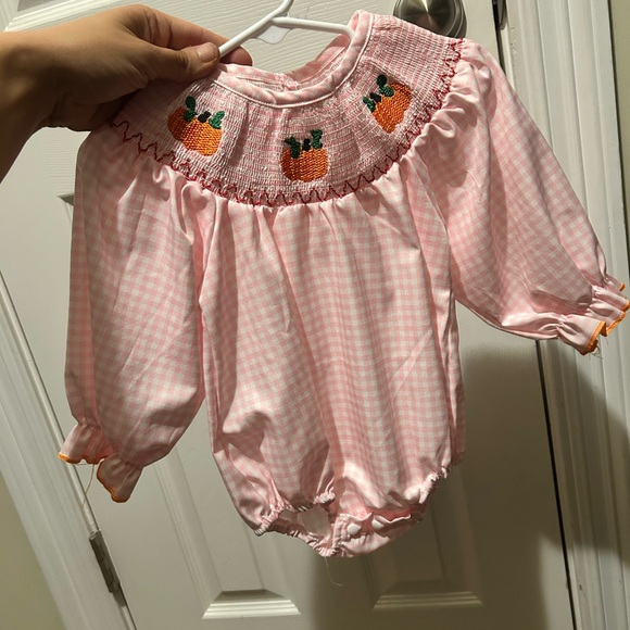 Pink Gingham Baby Romper with Pumpkin Embroidery - Picture 1 of 2
